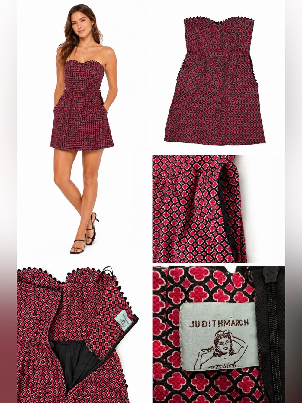 Judith March Red Black Print Strapless Mini Dress Sz Small Made in USA Pockets